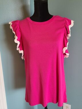 crown & ivy Hot Pink Top with White Ruffle Sleeves